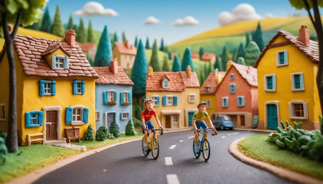 Funny clay cyclists racing through a French village street
