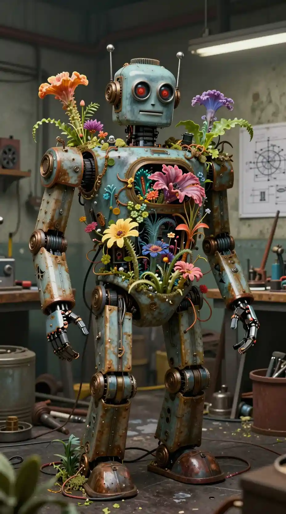 Surreal portrait of a vintage robot blooming with alien flora