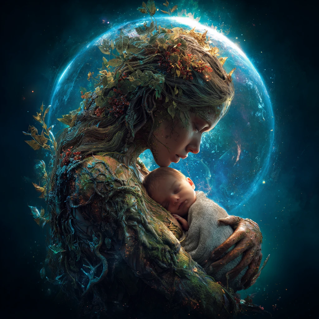 Earth goddess cradling a newborn amid living forests