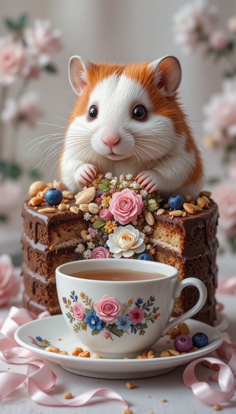 Fluffy white hamster with cake and tea on white background