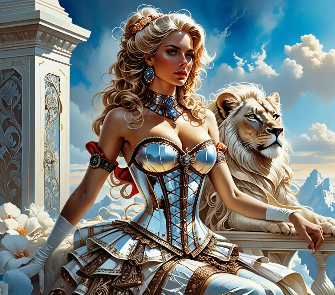 Fantasy duchess with white lion in ornate boudoir