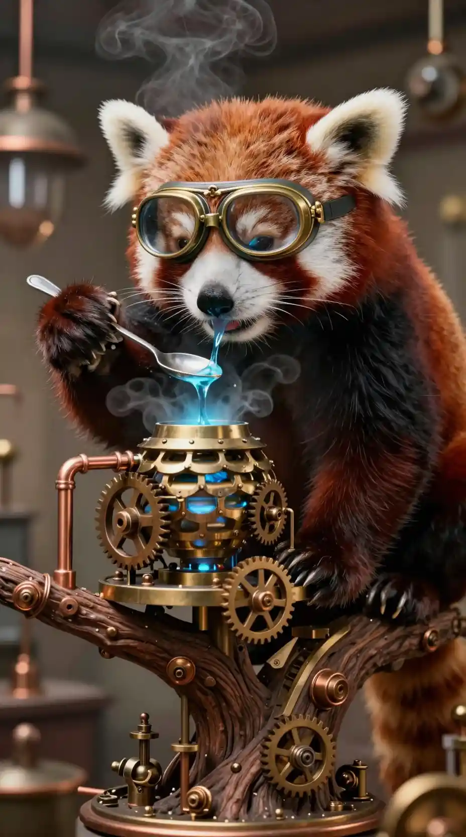 Panda rosso che assaggia nettare blu su un albero steampunk