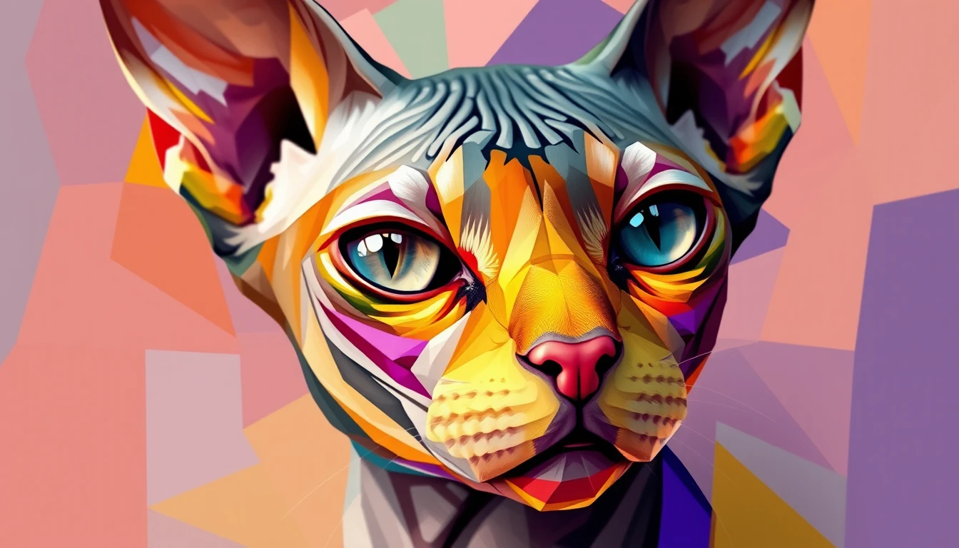 Cubist sphynx cat portrait in vivid geometric abstraction