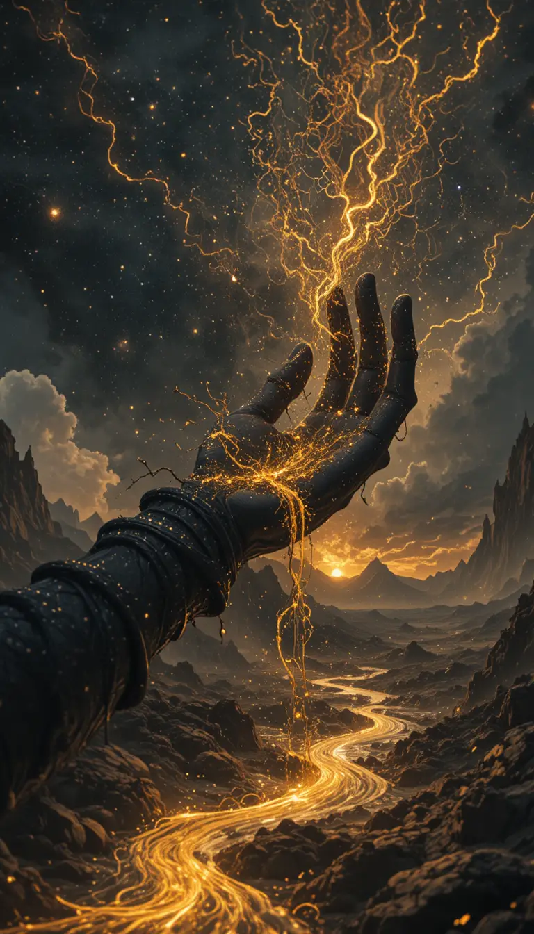 Golden river flowing through a black hand of Anubis
