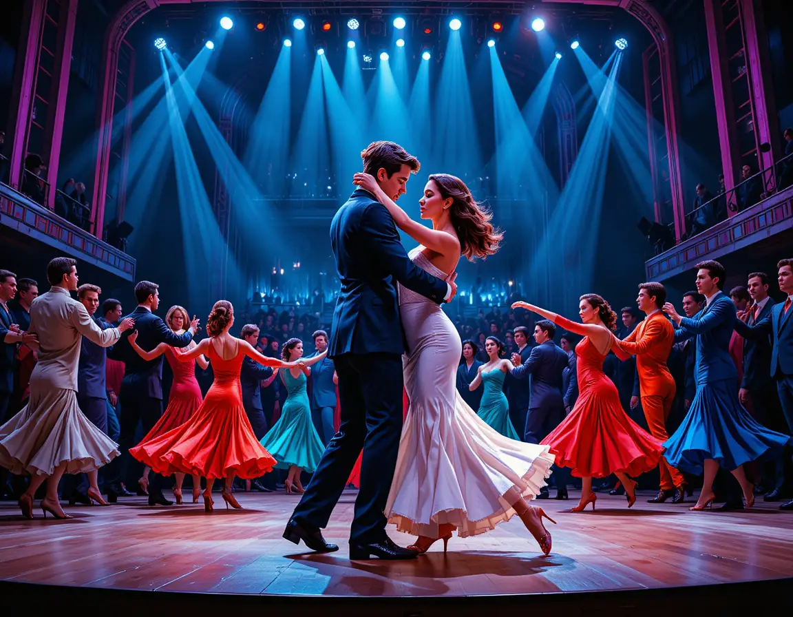 Tango couple lifted in a vibrant ballroom stage performance