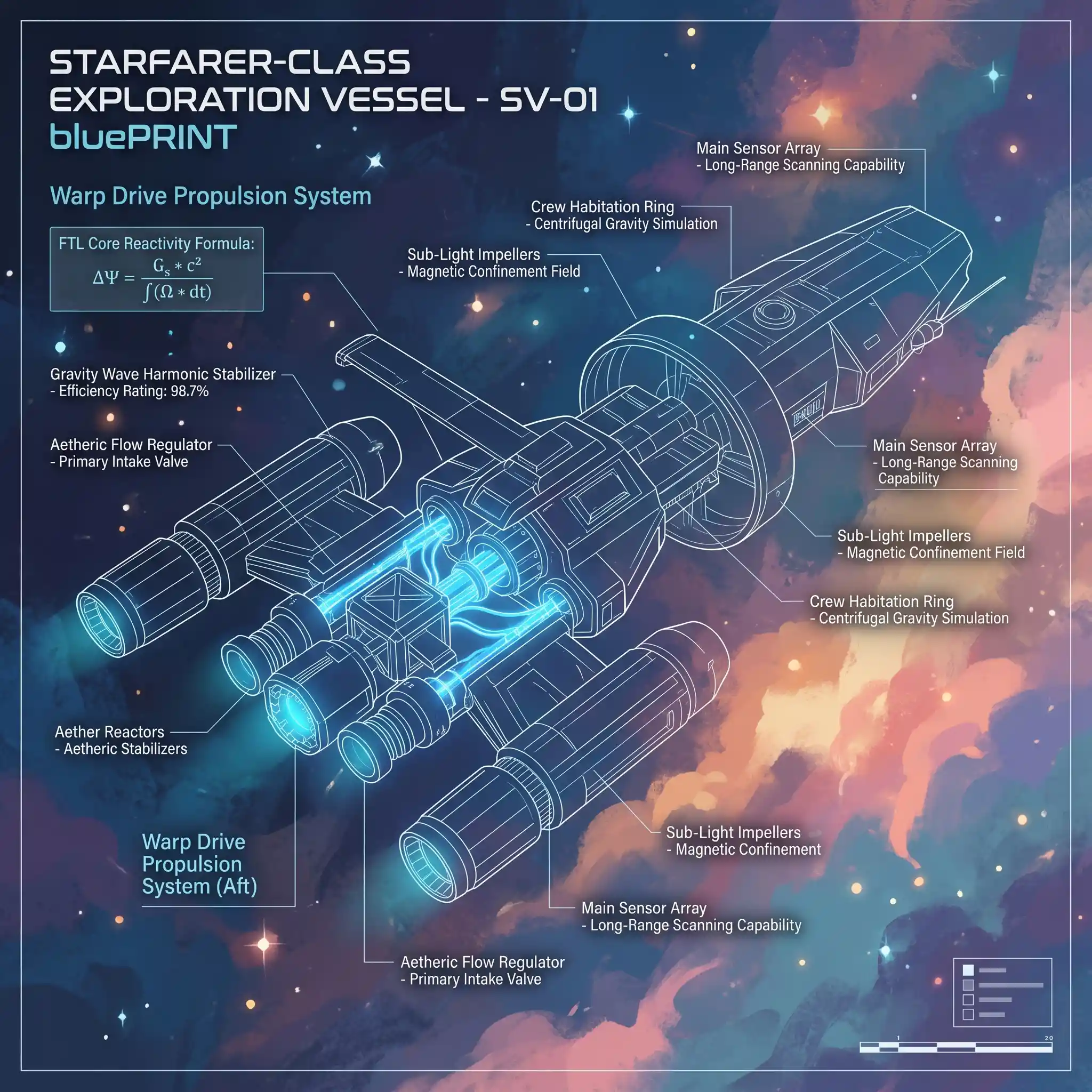 Futuristic spacecraft blueprint with warp engine schematics