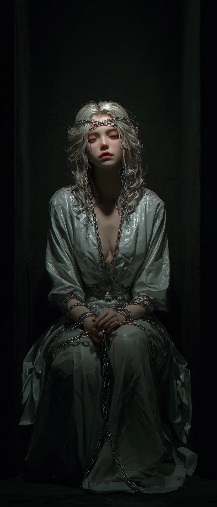 Royal maiden chained in a dark fantasy dungeon