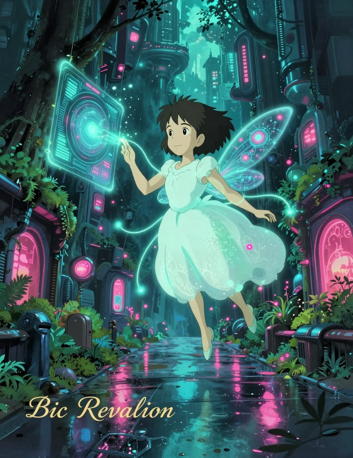 Bioluminescent forest spirit in a neon cyberpunk alley