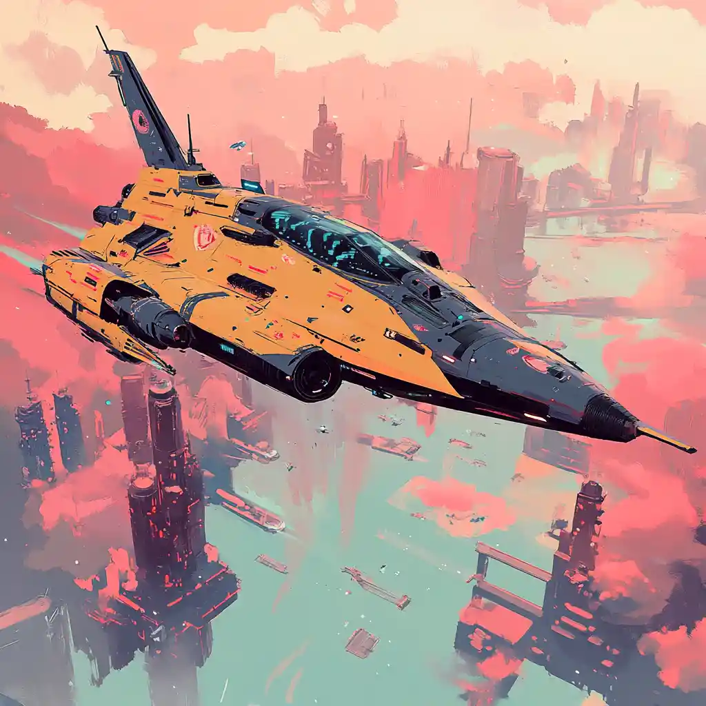 Minimalist sci fi spaceship gliding through colorful outer space