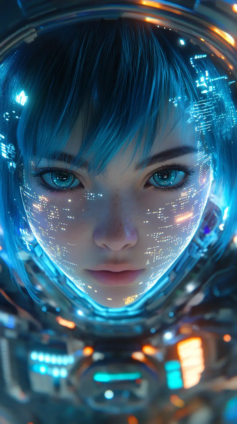 Anime cybergirl in neon cockpit with holographic interface