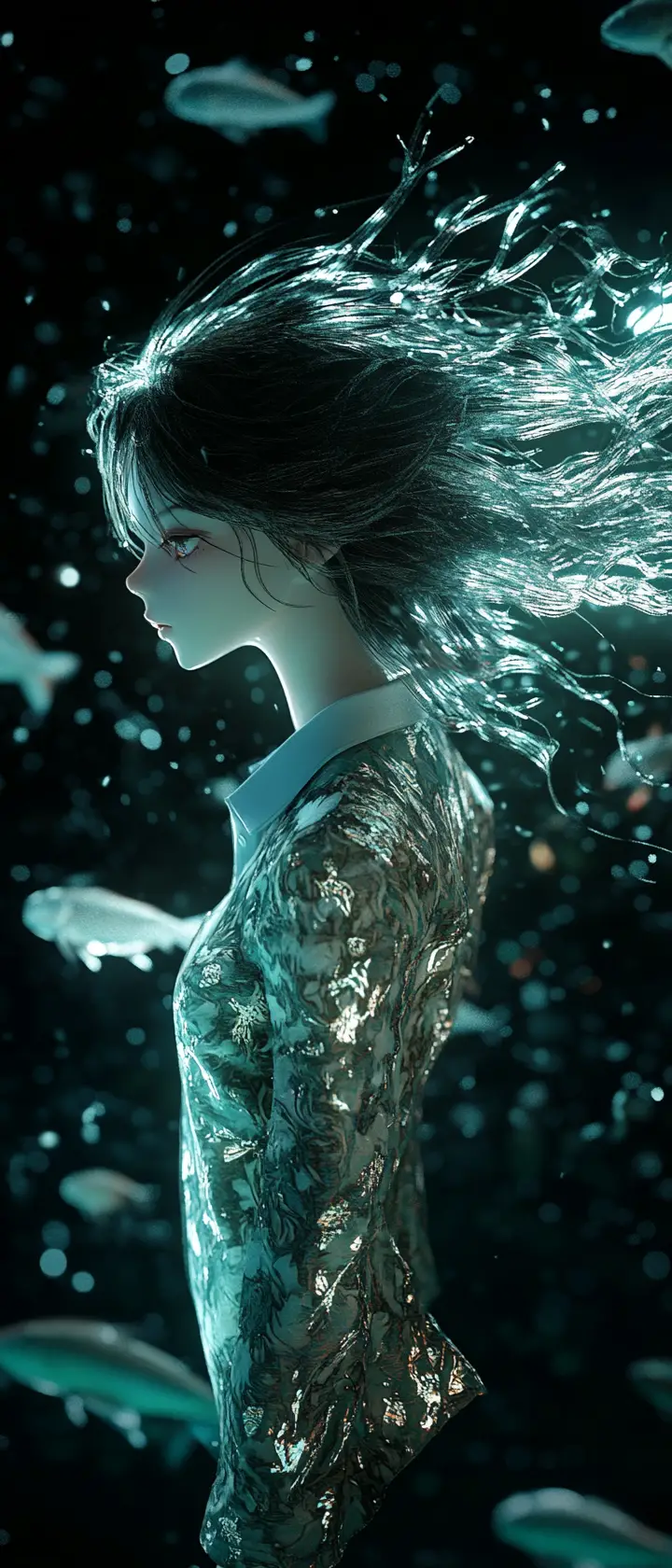 Ethereal anime woman glowing above dim underwater pool