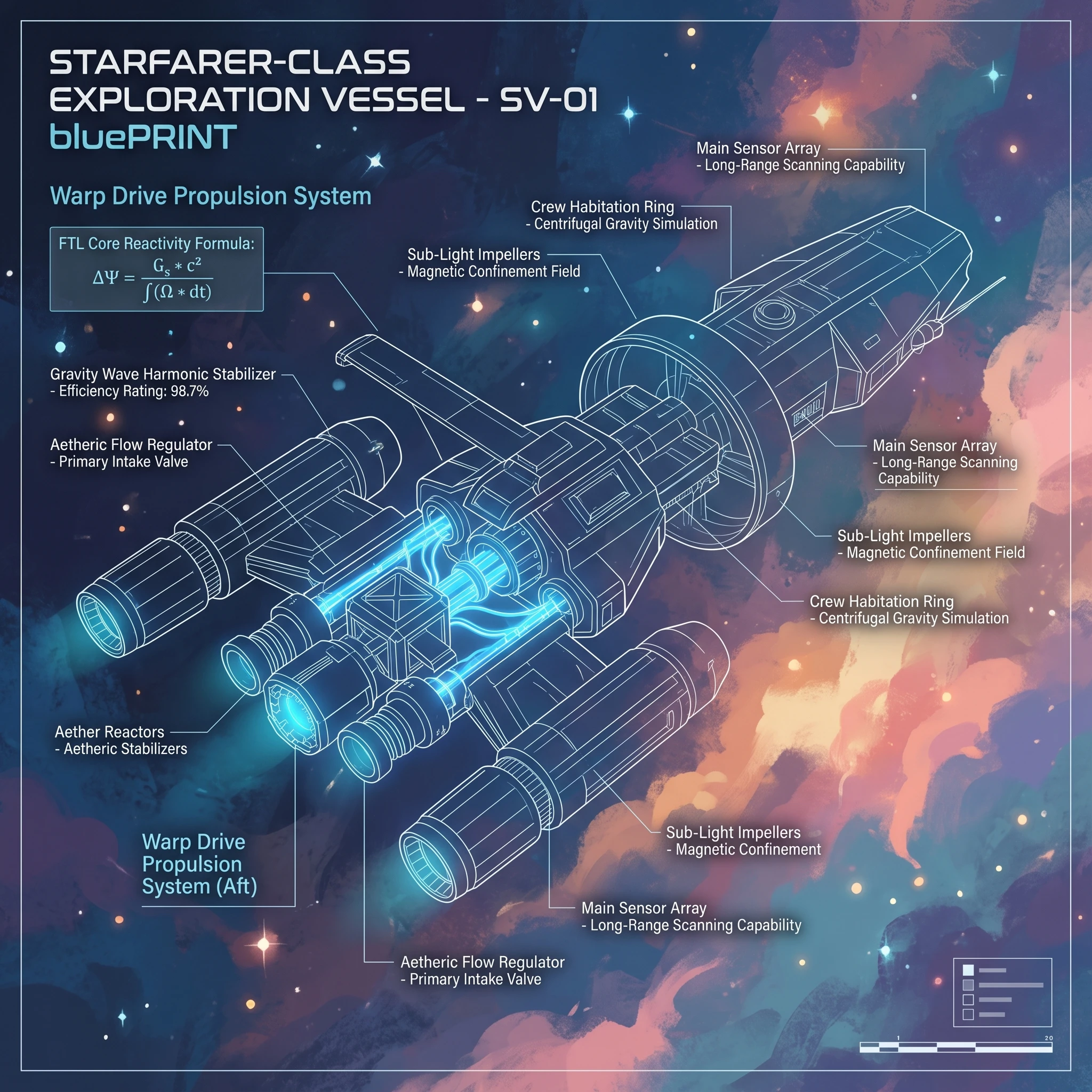 Futuristic spacecraft blueprint with warp engine schematics