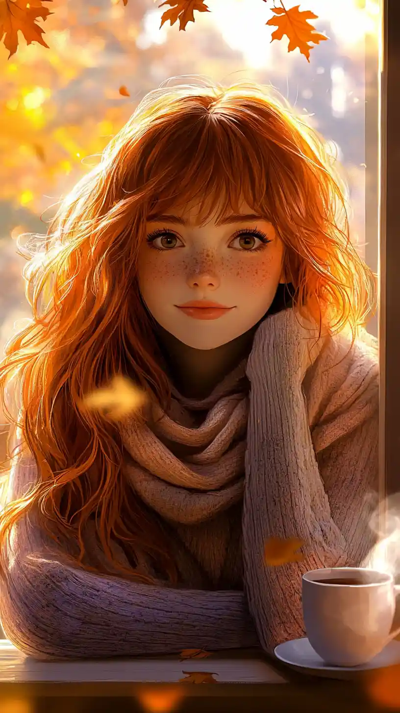 Anime girl resting at a window with falling golden leaves