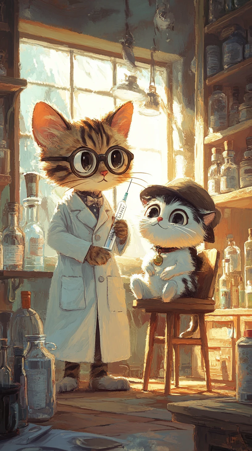 Cartoon cat doctor treating a fluffy cat patient