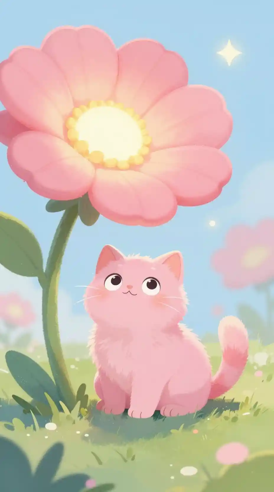 Cute pink kitten under a glowing fantasy flower