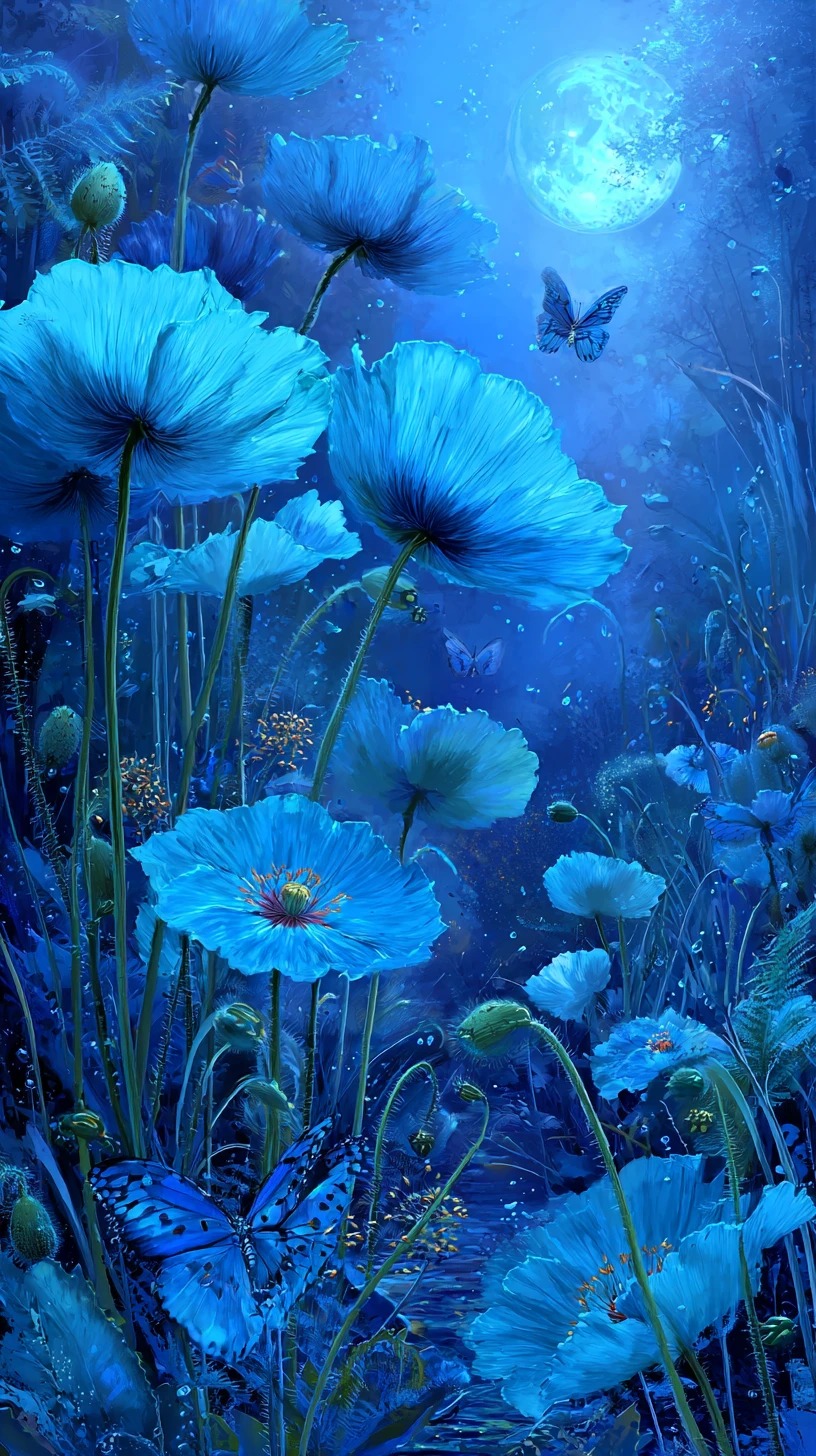 Hipnotizante paisaje azul con luna brillante y flores