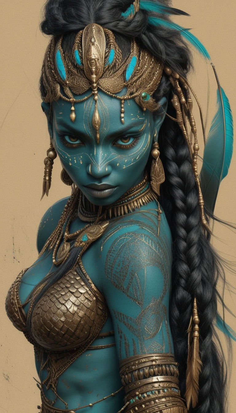 Tribal warrior queen portrait with turquoise ritual face markings