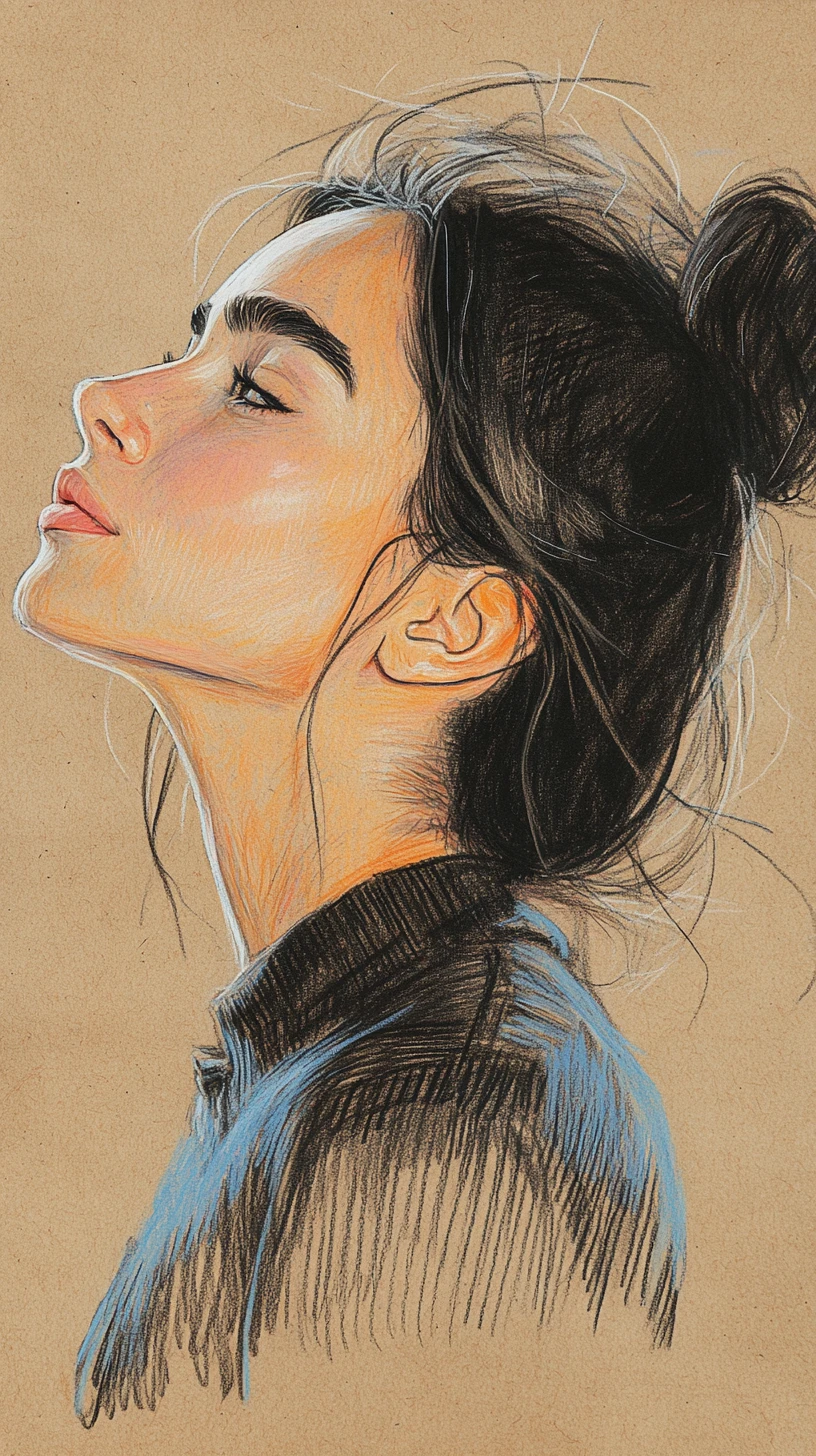 Elegant profile portrait of a blue haired girl in turtleneck