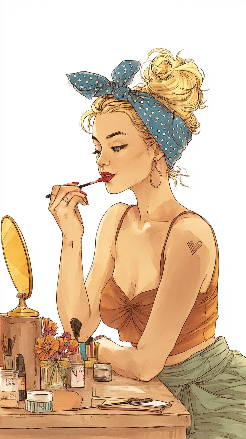 Pin-up bionda che si mette il rossetto a un vanity vintage