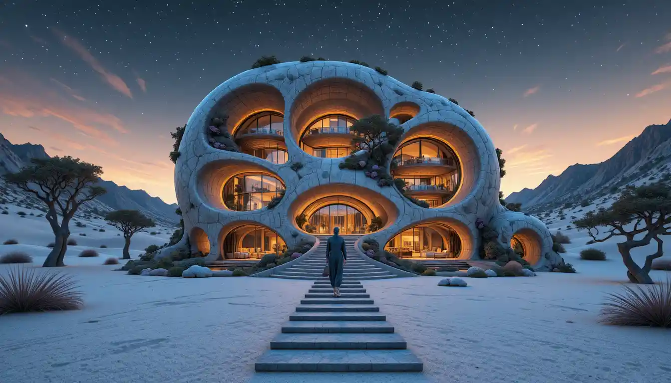Spiral futuristic building glowing in a vast desert sunset