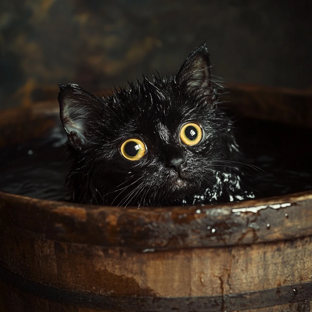 Gatito negro mojado en una tina de madera – ilustración en acuarela