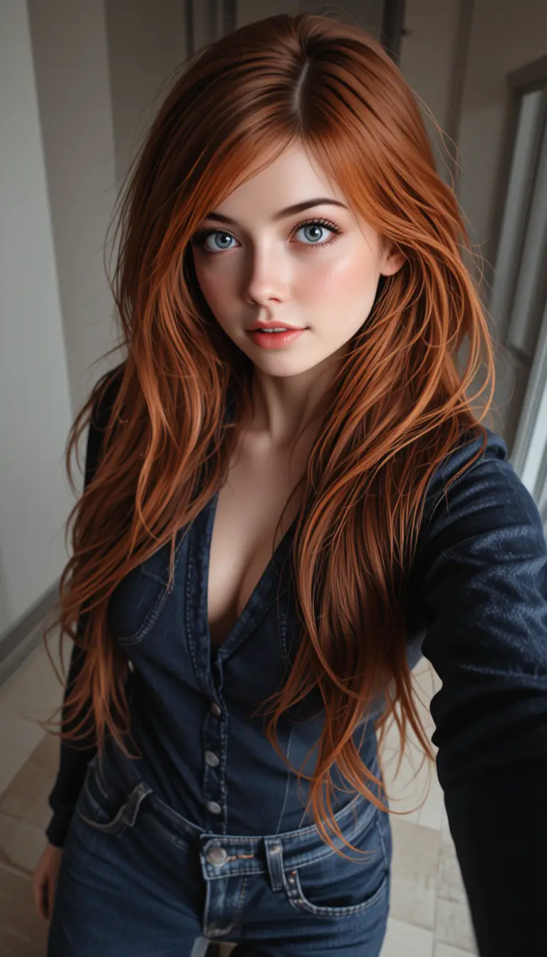 Petite red haired woman in denim taking a selfie pov