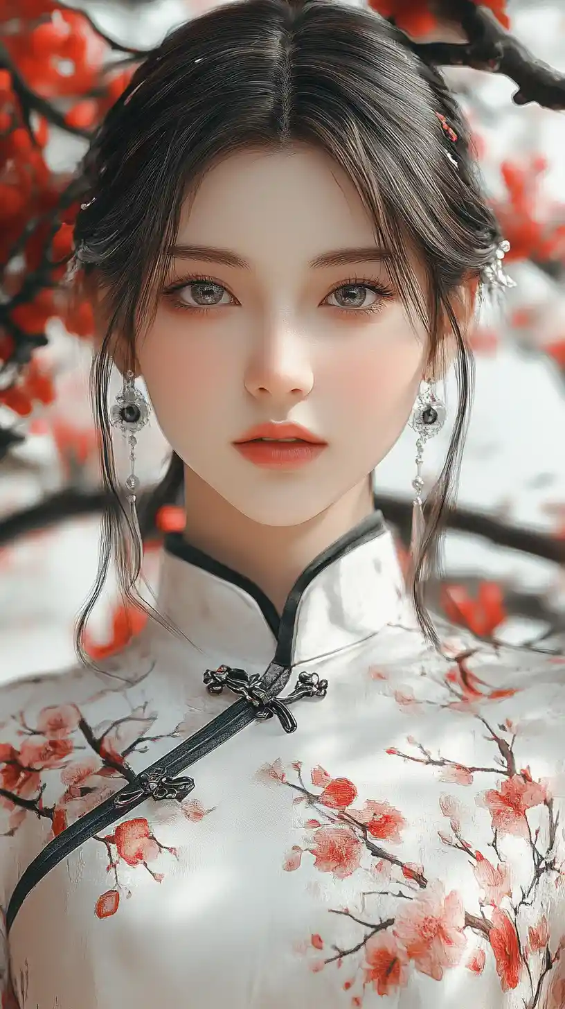 Elegant grey eyed woman in white qipao with plum blossoms
