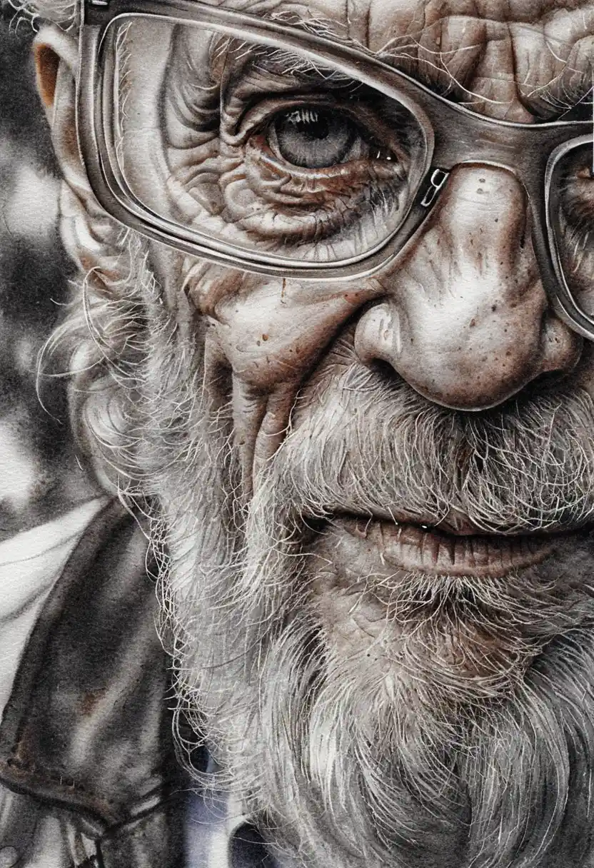 Close up pencil portrait of an aging man in glasses