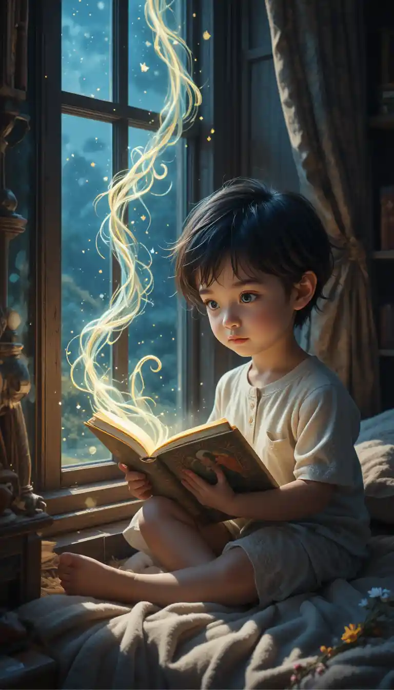 Child reading a glowing storybook in a cozy window nook