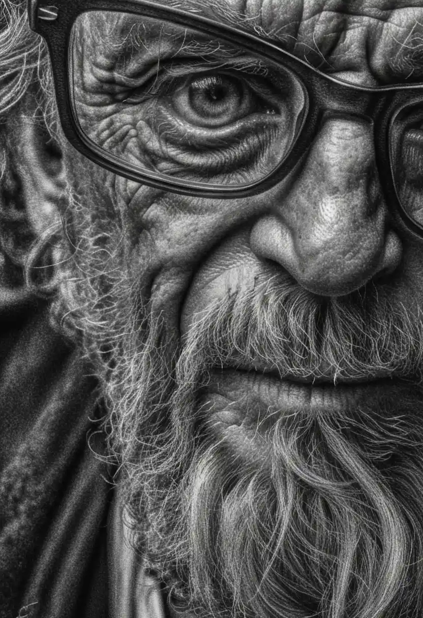 Close up pencil portrait of aging man with glasses