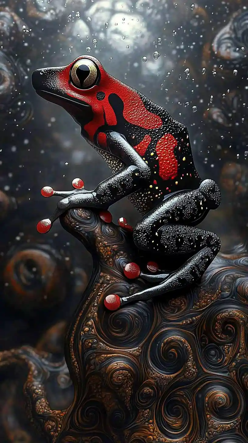 Bright poison dart frog with detailed glossy patterned skin