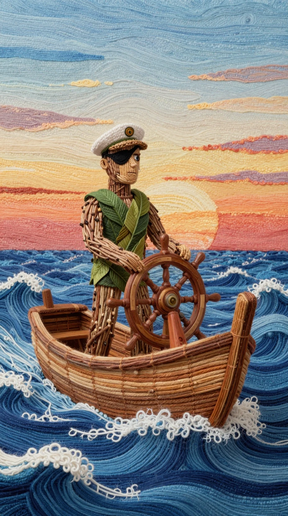 Textile ocean scene with twig captain steering wooden ship