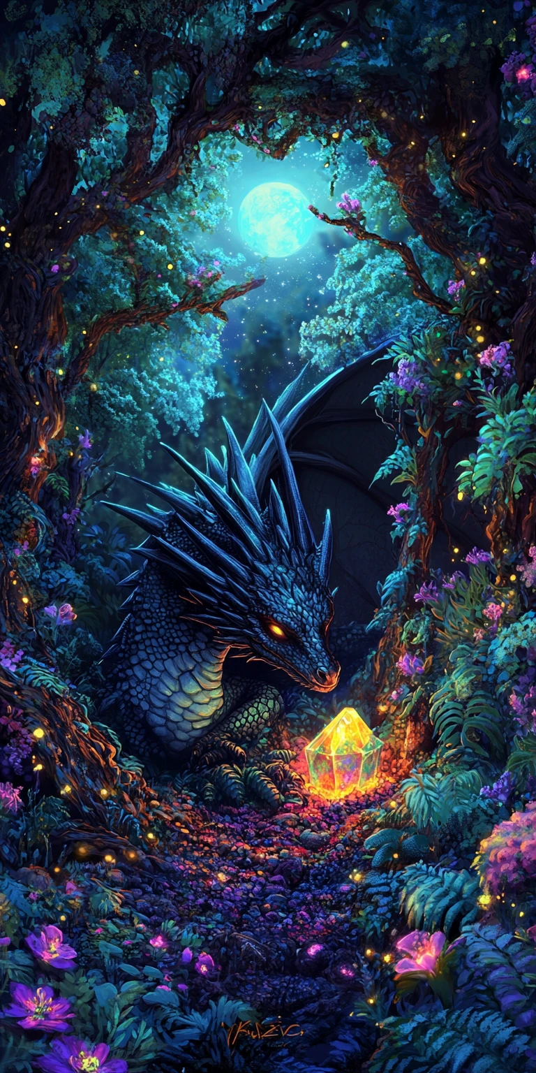 Dragon Guarding Glowing Crystal In Enchanted Twilight Forest