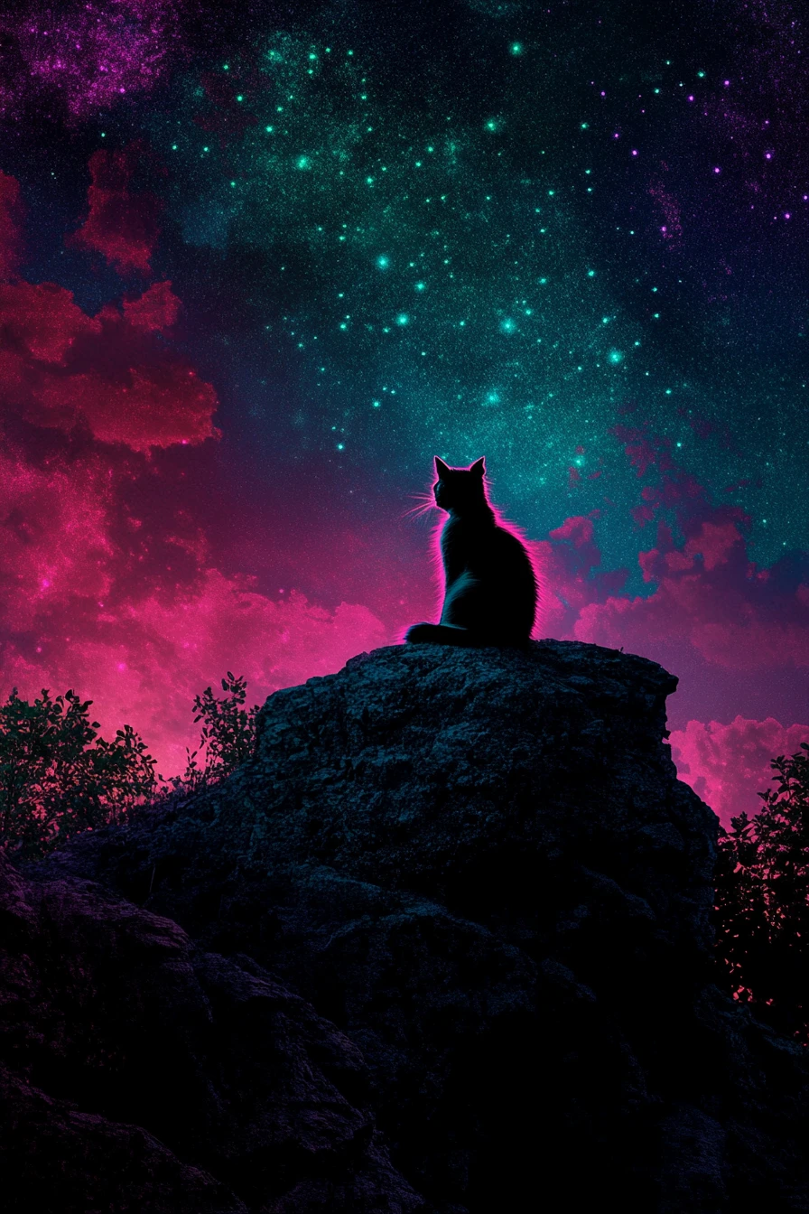 Glowing cat resting on a hill between earth and heaven