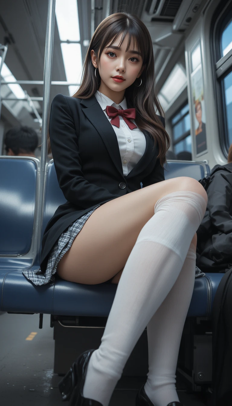 Japanese schoolgirl sitting on a crowded train seat