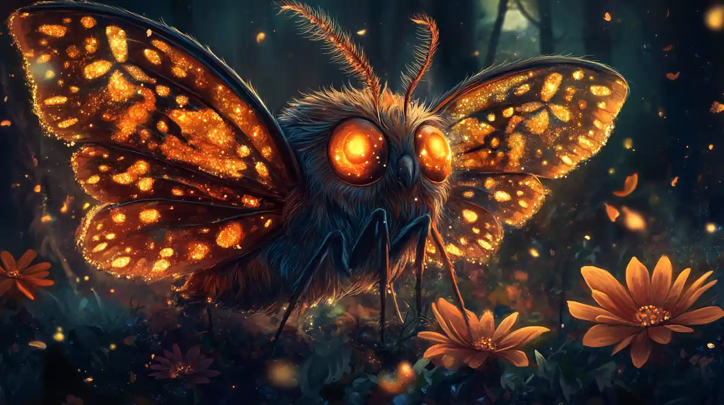 Cute moth creature with glowing eyes in night forest