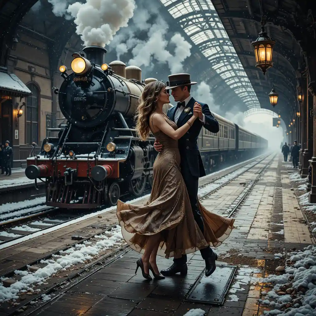 Steampunk couple dancing tango on a snowy train platform