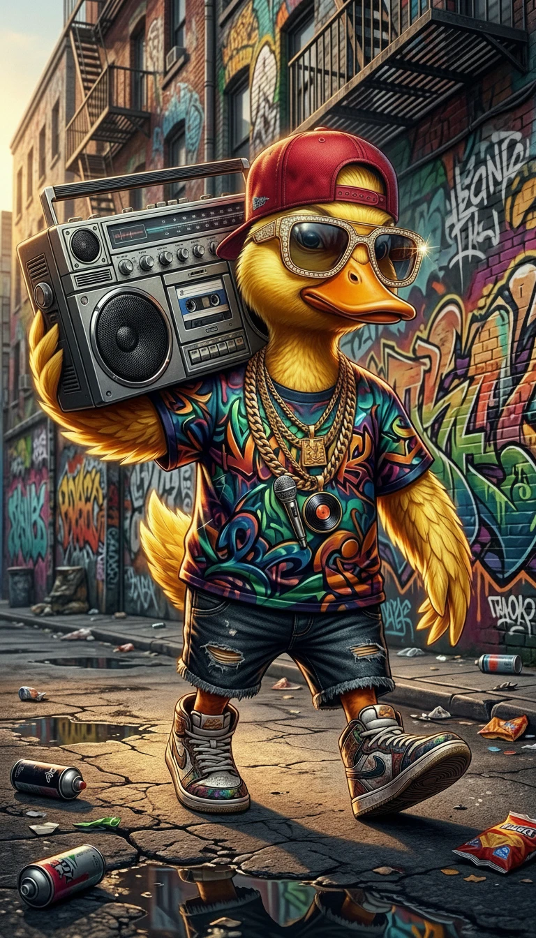 Streetwear duck with boombox in a vibrant graffiti alley