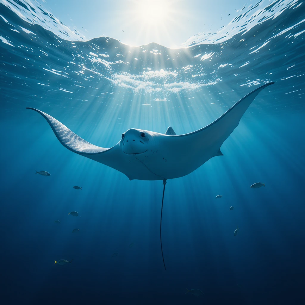 Manta gigante deslizándose bajo la superficie oceánica iluminada por el sol