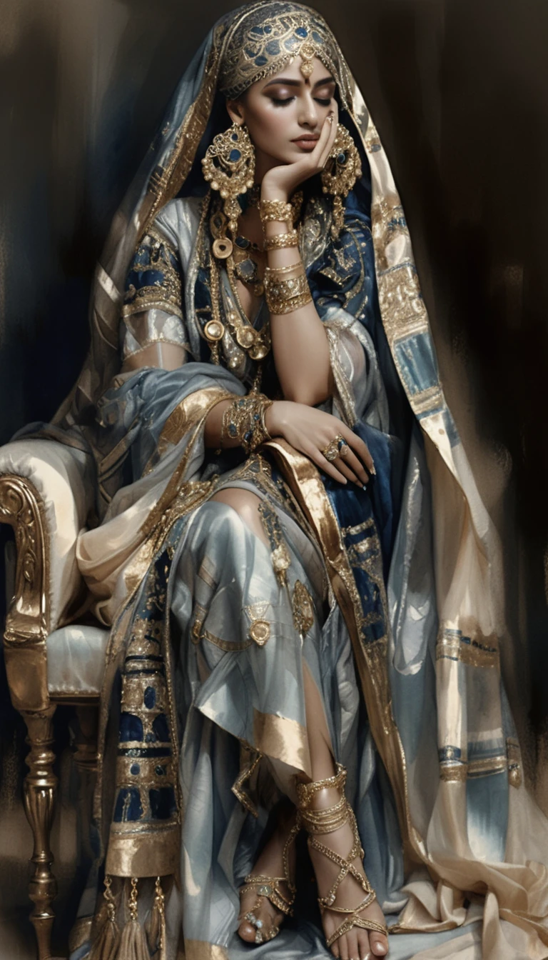 Elegant Arab woman in ornate chair with ceremonial attire