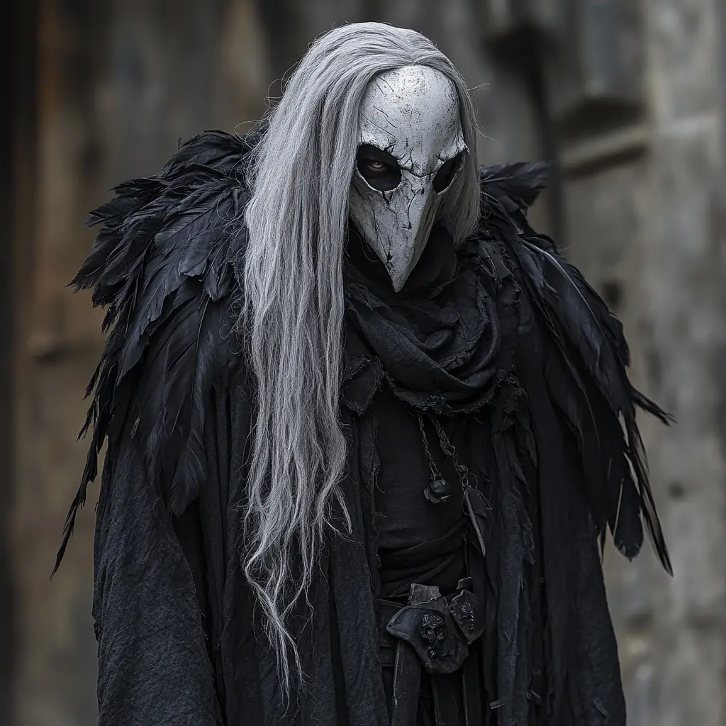 Elf warlock in tattered coat with white mask and raven mantle