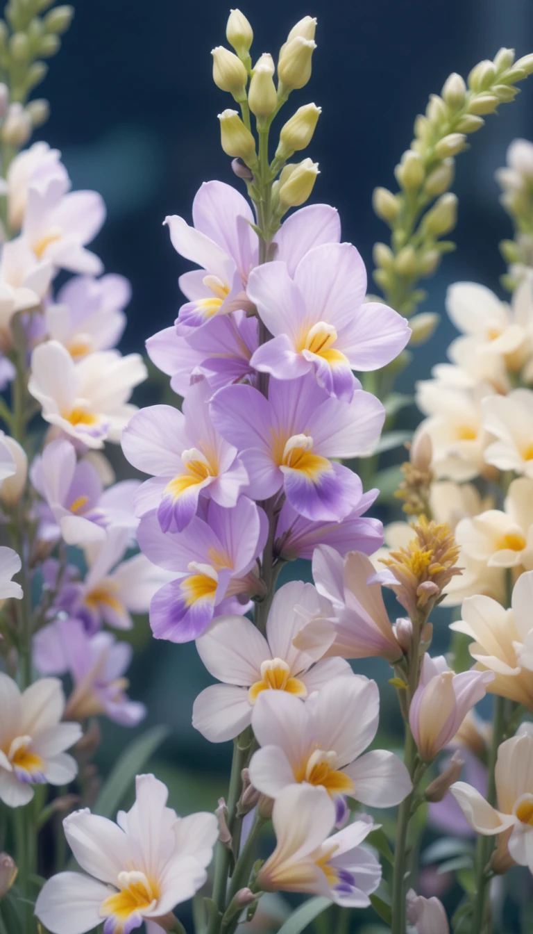 Delicate digital watercolor freesias in white cream and purple