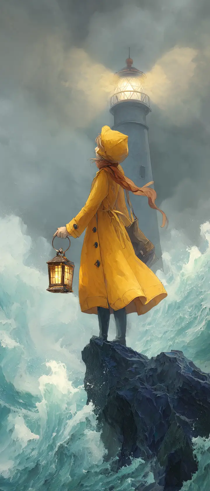 Anime lighthouse keeper lighting a beacon on stormy cliffs
