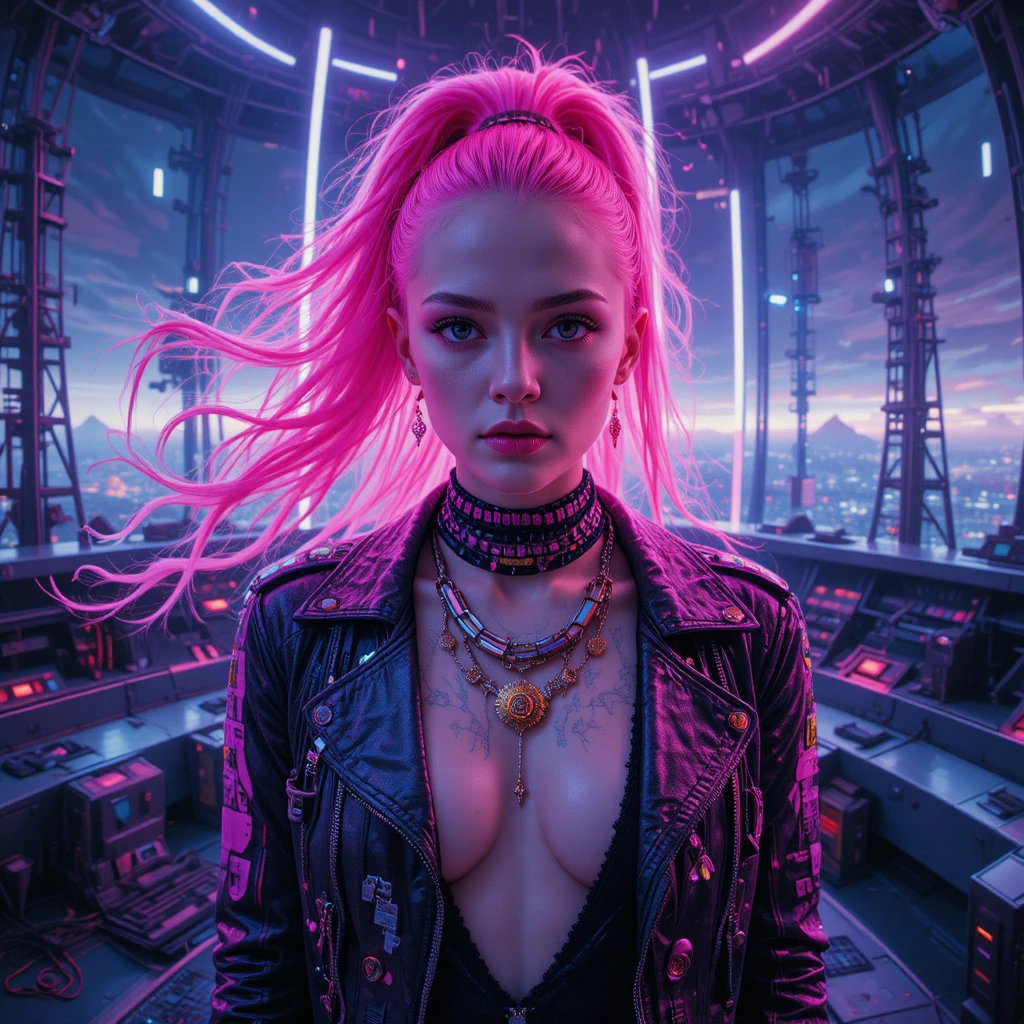 Surreal sci fi woman in neon observatory portrait