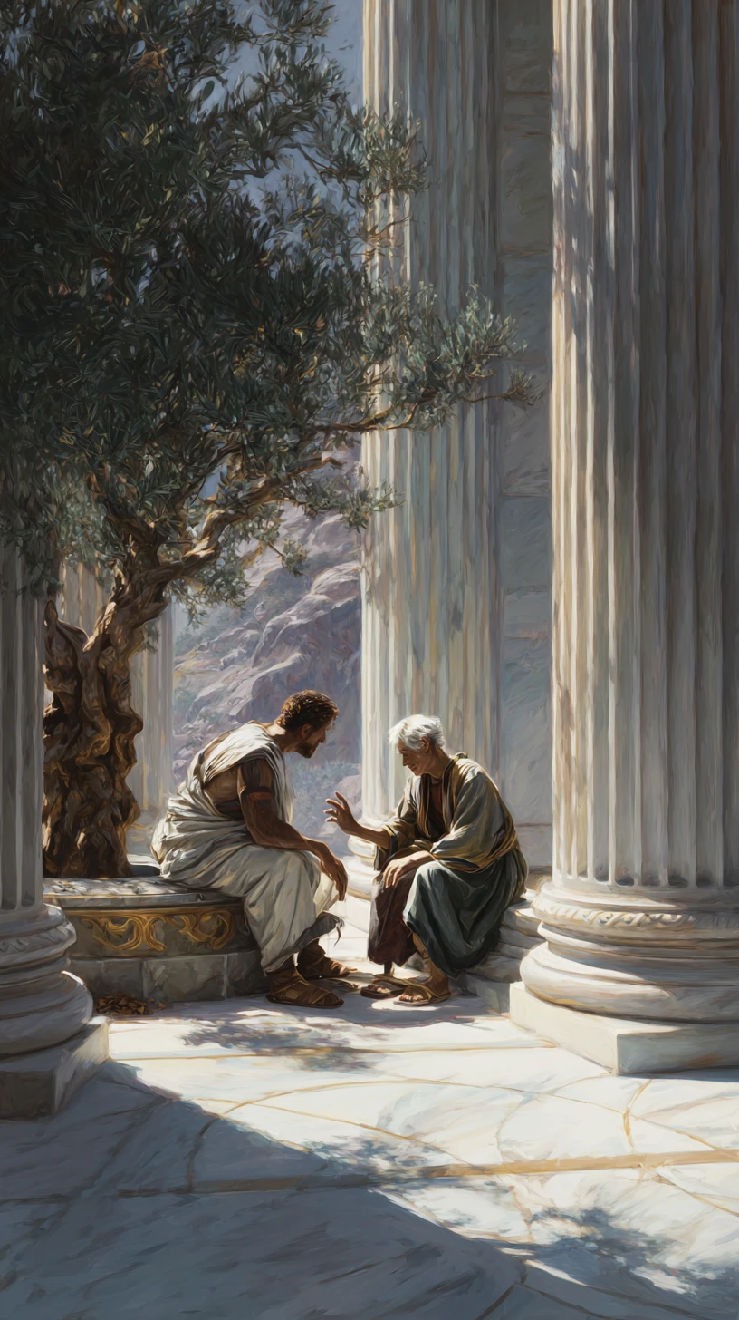 Young man helping an elderly figure in an ancient temple