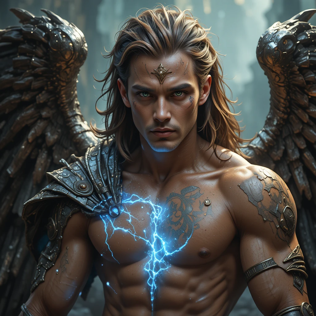 Bronzed forge mage with damaged metallic angel wing