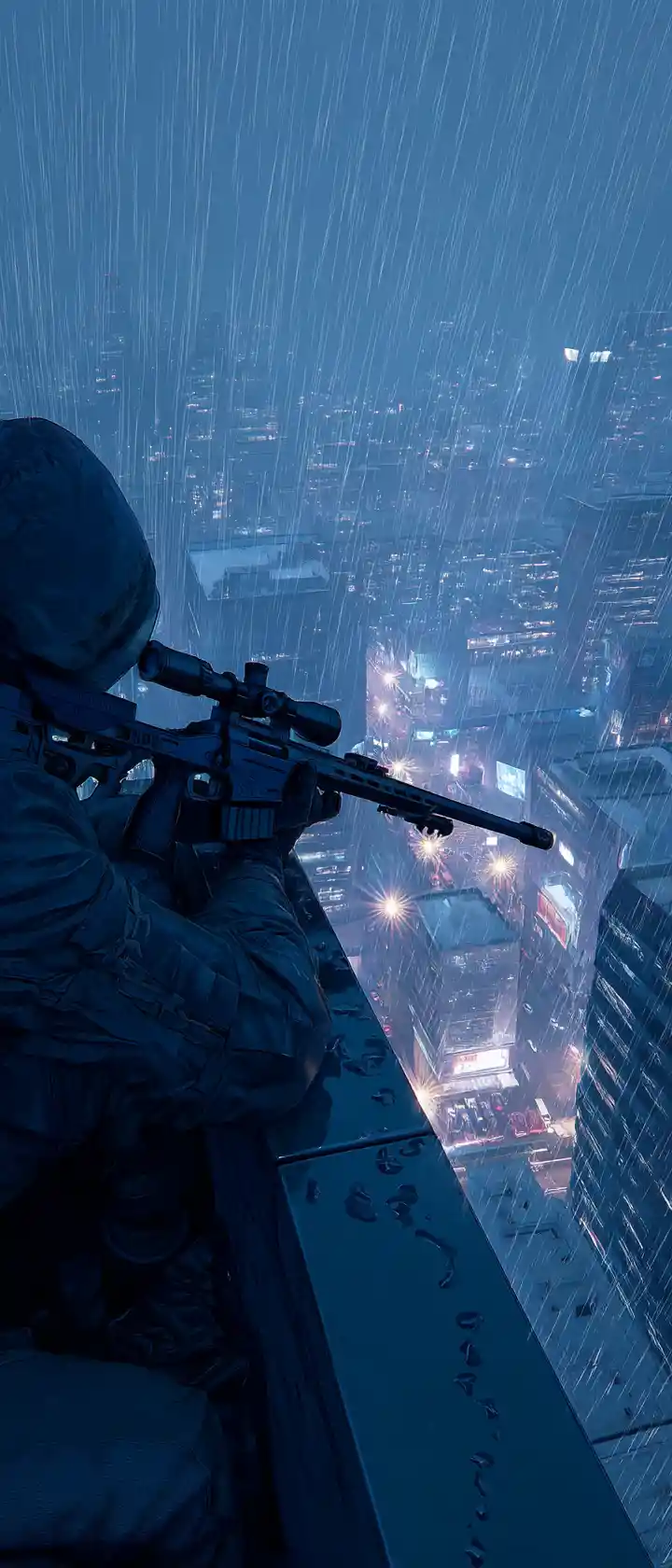 Anime sniper aiming from a ruined skyscraper in heavy rain