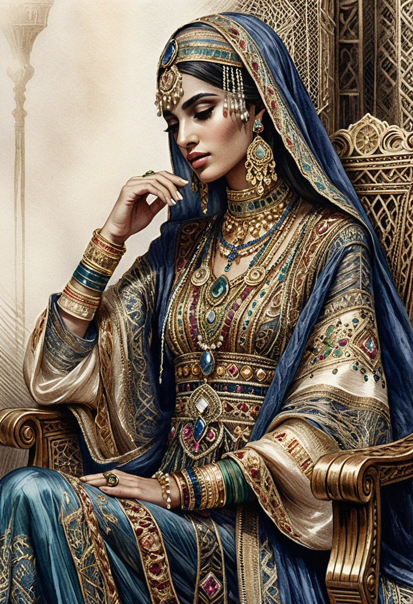 Elegant Arab woman in ornate traditional dress and jewelry