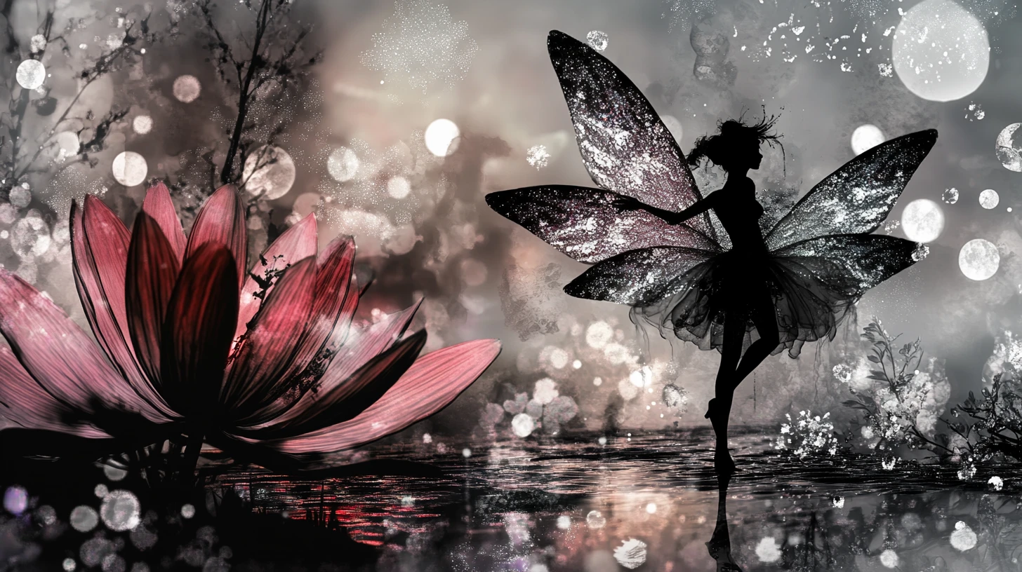 Fata che danza al crepuscolo in un giardino fantasy mistico
