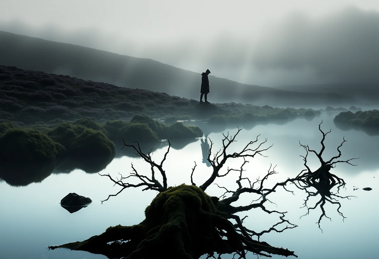 Lone figure on misty moor at dawn by still reflective water